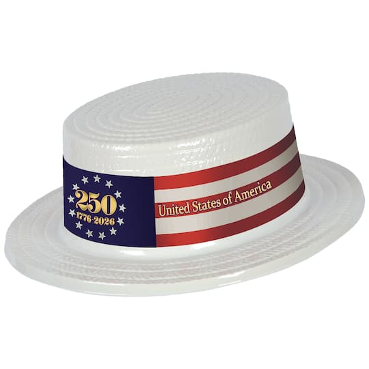 Beistle White Plastic Skimmer with Semiquincentennial Band Hats, 24ct.